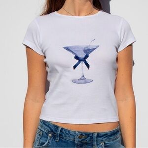 Chic White Tee with Blue Martini Graphic